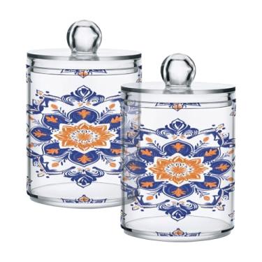 Imagem de Qilmy Mandala azul com suporte Qtip laranja, pacote com 2, frascos de boticário de 400 ml, vasilha organizadora de banheiro para cotonetes, bolas de algodão, almofadas de maquiagem, fio dental, sais