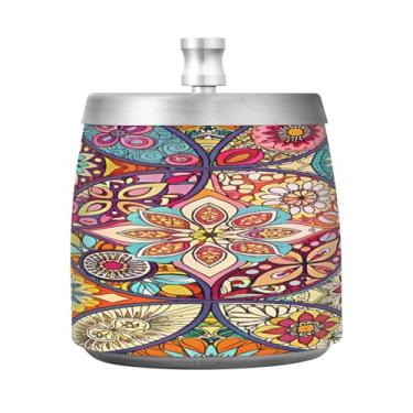 Imagem de Qilmy Cinzeiro Boho Mandala de aço inoxidável com tampa - Cinzeiro de cigarro à prova de vento sem cheiro sem fumaça para casa, escritório, carro, pátio, varanda (uso interno e externo)