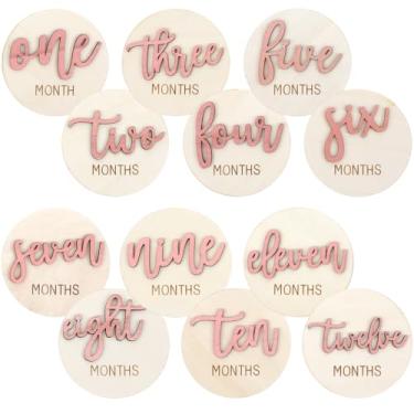 Imagem de 6 PCS Cartões de Marco Mensal para Bebês, Cartões de Marco 3D de Madeira Dupla Face Sinais para Fotos Sinal de Anúncio 1-12 Meses Fotografia Foto Recém-nascido Presente (Rosa)