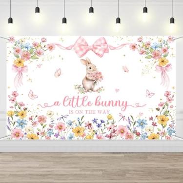 Imagem de AIBIIN Pano de fundo de chá de bebê Wildflower Bunny A Little Bunny is On The Way Banner Spring Easter Rabbit Wildflower and Butterfly Theme Decoration for Girl Baby Shower 1,8 x 1,1 m
