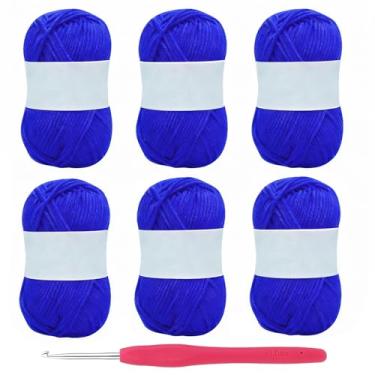 Imagem de Fio de algodão leiteiro de 5 camadas, 6 rolos de novelos de fio de algodão de leite macio com ganchos de crochê para boneca, suéter, chapéus, cachecol, xale (azul real profundo)