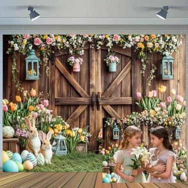 Imagem de Ptrxobj Pano de fundo rústico para celeiro de Páscoa, 25 x 2,5 m, porta de madeira, ovos de Páscoa, coelhos florais, coelhos, fotografia de fundo, celebração de primavera, crianças, adultos, decoração