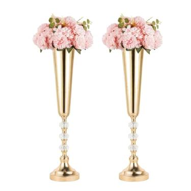 Imagem de Conjunto de 2 vasos de metal de mesa, vasos dourados decorativos para centros de mesa, vasos de trompete para flores, arranjos de flores de mesa alta para festa de aniversário, casamento, decoração de