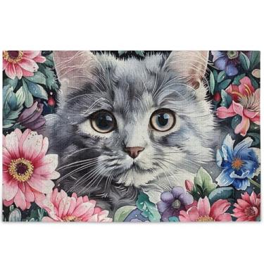 Imagem de Quebra-cabeças de flores de gato fofas personalizadas 500 peças para adultos flor pintura animal arte divertida quebra-cabeça jogo de quebra-cabeça presentes técnicos, 52 cm x 37,8 cm