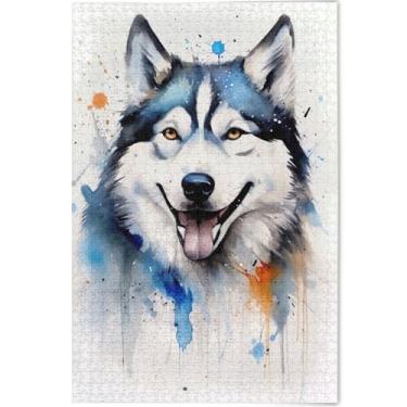 Imagem de Quebra-cabeça de cachorro do Alasca com pintura em aquarela personalizada, 500 peças, estampa animal, estampa de animais, divertidos presentes de elefantes brancos, 52 x 37,8 cm