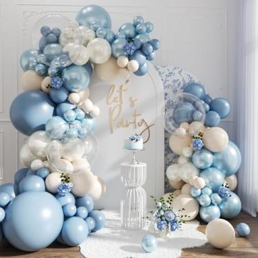 Imagem de Kit de arco de balão azul empoeirado, 103 peças, enchimento duplo, azul, pérola, azul, branco, areia, branco, balões transparentes, tamanhos diferentes para casamento, aniversário, chá de bebê, chá de