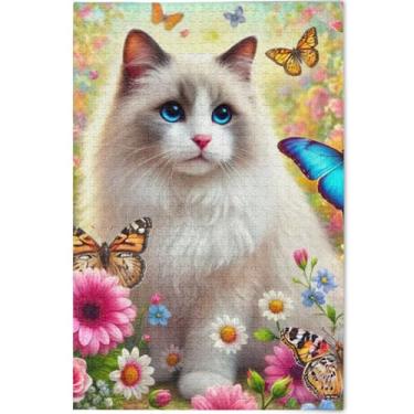 Imagem de Ragdoll Quebra-cabeça floral gato 500 peças adultos divertidos elefantes brancos presentes personalizados difícil quebra-cabeça arte brinquedo pintura, 52 cm x 37,8 cm