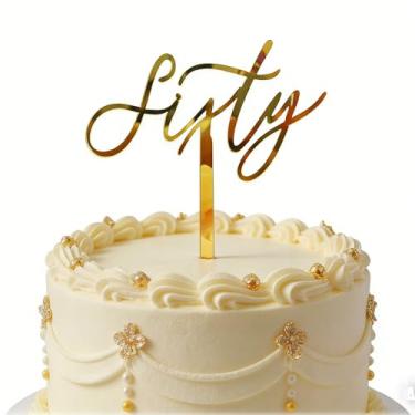 Imagem de Gold Acrylic Sixty Birthday Cake Topper,Script Style 60 Birthday, Days, Months, Anniversary Party Decoration Ideas,Cheers to 60 Years Cake Topper, Sixty theme Golden Anniversary Party