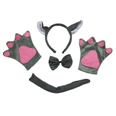 Imagem de Petitebella Faixa de cabelo de lobo com laço e cauda luvas fantasia para adultos (tamanho único) cinza