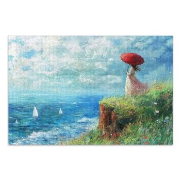 Imagem de Quebra-cabeça azul com guarda-chuva vermelho feminino, 500 peças para adultos, com letras nas costas, quebra-cabeças para adultos