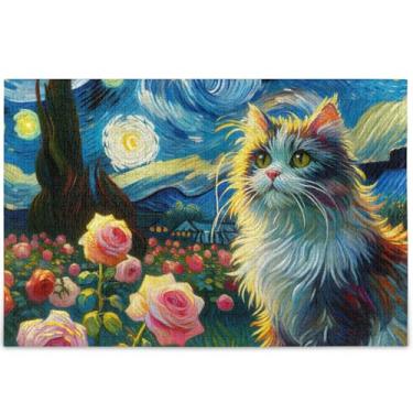 Imagem de Quebra-cabeças de gato Ragdoll personalizado noite estrelada floral adulto 500 peças cenário arte floral legal grande quebra-cabeças elefantes brancos presentes quebra-cabeça, 52 cm x 37,8 cm