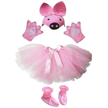 Imagem de Petitebella Chapéu de porco rosa, luvas, saia, sapatos, meninas, crianças, 4 peças, acessório de fantasia (tamanho único)