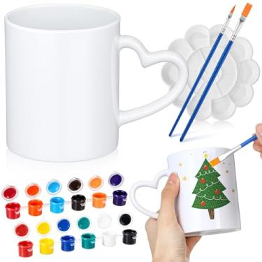 Imagem de Soulchen Kit de pintura de caneca faça você mesmo, 7 peças, inclui 2 canecas pintáveis, 2 pincéis, 2 tintas acrílicas, 12 cores e 1 bandeja de paleta, conjunto de decoração de xícara de café, projeto