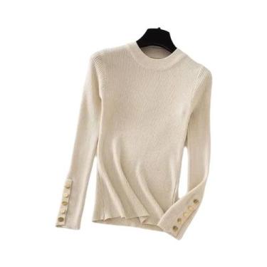 Imagem de Suéter Feminino Cáqui de Malha Grossa - Gola Redonda, Botão, Slim Fit 