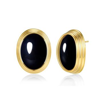 Imagem de SNGIA Brincos femininos banhados a ouro 18 K, bordô, marrom, vermelho, cornalina, oval, com nervuras, botão arredondado, retrô, boêmio, moderno, pedras barrocas, vintage, vintage, verão, praia