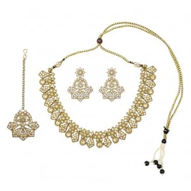 Imagem de I Jewels Conjunto de colar estilo Bollywood Kundan de casamento indiano banhado a ouro com brincos e Maangtikka (IJ420FL)