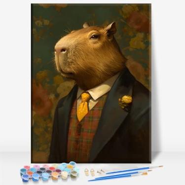 Imagem de HUINORYA Retrato de capivara vitoriana capivara emoldurada em tela DIY kit de pintura por números bar café caverna sala de casa parede banheiro varanda pátio decoração presente, 40,6 x 30,5 cm