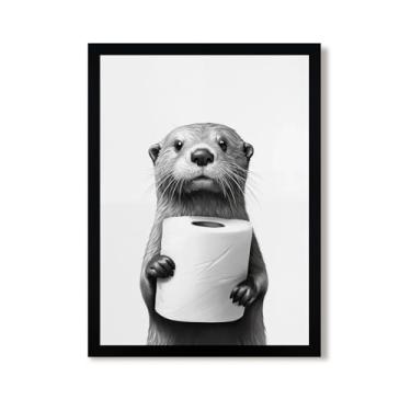 Imagem de Urmoya Arte de parede de banheiro de lontra engraçada preto e branco, decoração de parede de tela de banheiro com imagem de animal, papel higiênico em pequena lontra, humor moderno, pintura