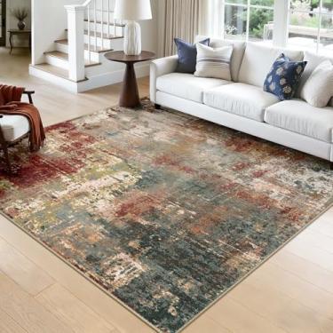 Imagem de RELEANY Tapetes laváveis, quadrados, 2,4 m, antiderrapantes, modernos, abstratos, macios para sala de estar, entrada, quarto, berçário, estampa impressa, marrom, ferrugem, vermelho, multi