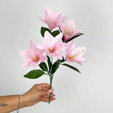 Imagem de Buquê de Lírios Artificiais – Kit Econômico – Flores Decorativas em Seda para Casa, Eventos e Vitrines (Rosa Claro,Kit com 3 unidades)