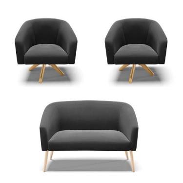 Imagem de Kit 01 Namoradeira Stella Pés Palito Natural e 02 Poltronas Giratória 