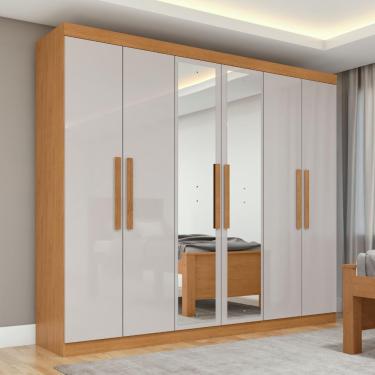 Imagem de Guarda Roupa Casal Easy Slim 6 Portas 2 Gavetas MDP com Espelho Amêndoa Clean - Off White Móveis Lopas