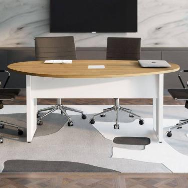 Imagem de Mesa de Reunião Orgânica 180x105cm com Caixa de Tomadas e Pés em Metal Corporate Macadâmia com Branco