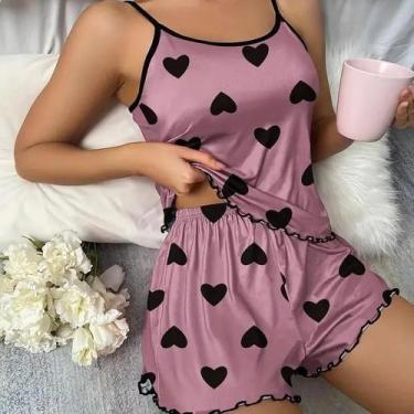 Imagem de Conjunto De Pijama Feminino Com Estampa De Coração Rosa, Camiseta De S