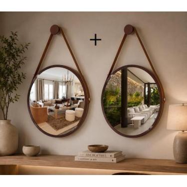 Imagem de Kit 2 Espelhos Redondo Decorativo Suspenso Alça 40cm + suporte Marrom 