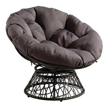 Imagem de OSP Home Furnishings Cadeira de vime Papasan com rotação de 360 graus, 101,6 cm L x 91,4 cm P x 89,5 cm A, moldura cinza com almofada cinza