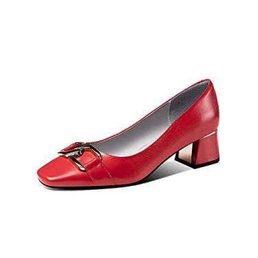 Imagem de TinaCus Sapato feminino de couro genuíno feito à mão com salto quadrado e bico quadrado com padrão de metal exclusivo, Vermelho, 40