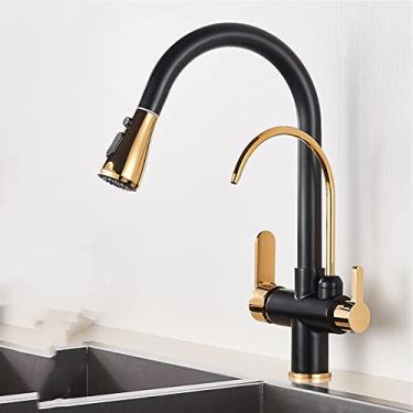 Imagem de Torneira de cozinha purificada montada no convés do filtro de água pura pia de 360 ​​graus de rotação misturador de água quente e fria guindaste, preto dourado, china