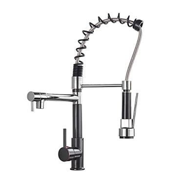 Imagem de Torneira de cozinha em latão preto, pia, pia, torneira, mola, bicos giratórios duplos, água quente e fria, torneiras de banheiro, preto e cromado, china