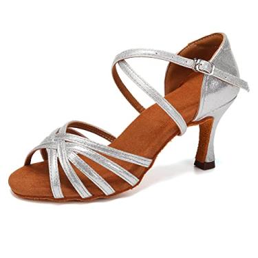 Imagem de ROGMUJEN Vestido de festa tango feminino para prática de salão latino salto salto salsa dança dança tango, Prata - salto de 6,8 cm (2,75 polegadas) - m1213, 6.5