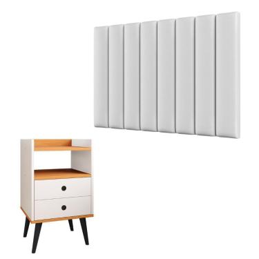 Imagem de Kit Cabeceira Estofada Cama Box Solteiro 90 cm Sophia Branco e Mesinha Canto Quarto 2 Gavetas Retrô Nicho Decorativo Dream Off White/Cinamomo- RPM 