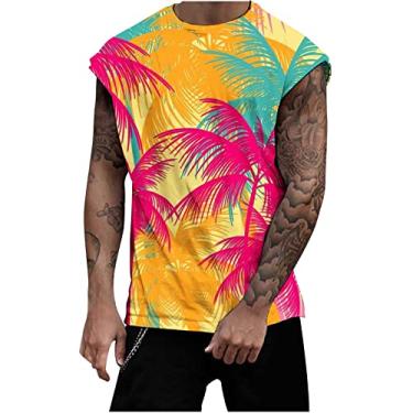 Imagem de Coletes masculinos gola redonda colete masculino treino atlético praia havaiana camiseta regata tropical verão outono 2024, F-496 Laranja queimado, M