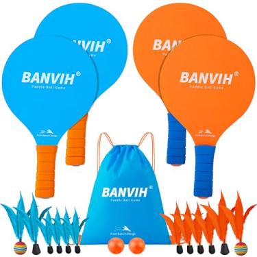 Imagem de Banvih Conjunto de badminton com 4 raquetes e bola de remo – Jogos de acampamento ao ar livre na praia para crianças e adultos, brinquedos divertidos de esportes de verão – meias de Natal para