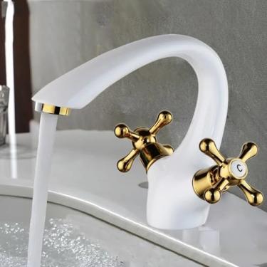 Imagem de Torneira de lavatório Torneira de banheiro, pintura branca e torneira de latão dourado, torneira de coluna montada no deck com alças duplas misturador torneira de água