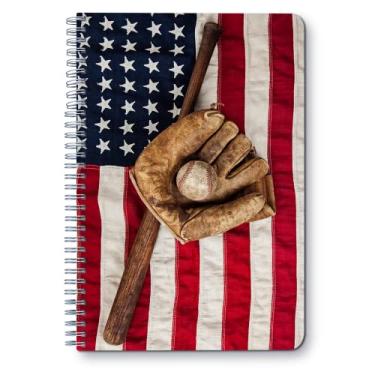 Imagem de Caderno espiral, caderno pautado A5, papel grosso premium, 14,7 x 20,8 cm, caderno pautado para faculdade, para diário, escritório, escola 1 pacote - beisebol com bandeira dos EUA