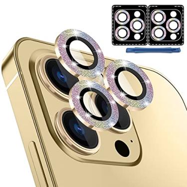Imagem de QsmQam [Pacote com 3 x 2] Protetor de lente de câmera para iPhone 14 Pro 6,1 polegadas e iPhone 14 Pro Max 6,7 polegadas, capa de câmera de vidro temperado com anel de metal individual, ultra HD, antiarranhões, com auxílios de instalação e remoção (glitter dourado colorido)