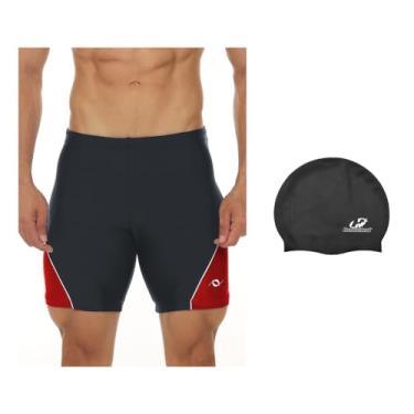 Imagem de Kit Bermuda Natação Hidroginástica E Touca De Silicone Impermeável (Cinza/Vermelho - Touca Preta, XGG)