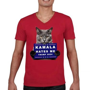 Imagem de Camiseta Kamala Hates Me Trump 2024 gola V engraçada gato republicano animal de estimação anti Harris voto vermelho MAGA Kitten 47 camiseta luta, Vermelho, G