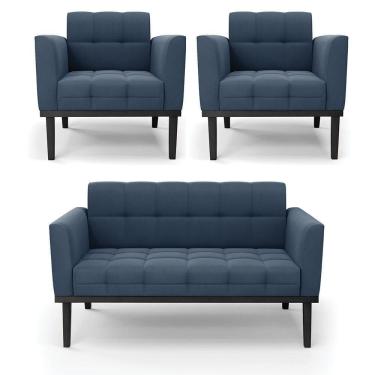 Imagem de Sofá Namoradeira E 2 Poltronas Base De Madeira Preto Elisa Suede D03 - D`rossi Cor Azul Marinho