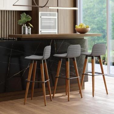 Imagem de Kit 3 Banquetas Línea Cozinha Alto Padrão em Linho Cinza - UniDecor