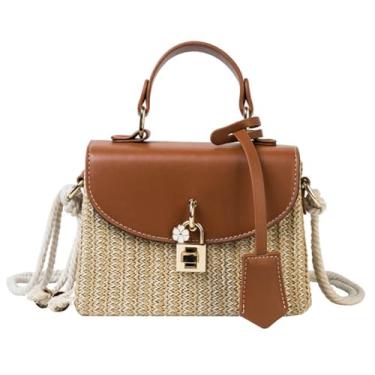Imagem de EMGILL Bolsas de praia de palha para mulheres - Bolsa de verão bolsa tiracolo transversal quadrada de vime 2024, Marrom
