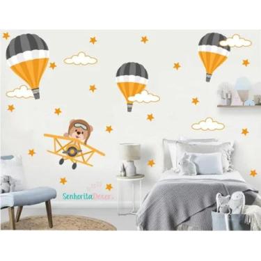 Imagem de Adesivo De Parede Urso Aviador Amarelo Escuro E Balões - pinkie