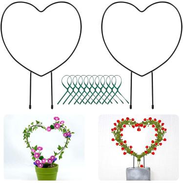 Imagem de Pacote com 2 treliças de plantas de metal preto para escalar plantas - 33 cm de arame de suporte para treliça de coração de ferro de 33 cm, suporte de treliça de plantas com 10 laços para plantas em vaso e flores para ambientes internos