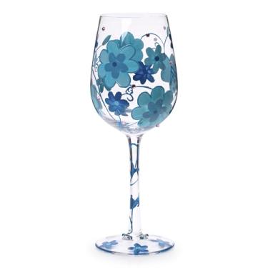 Imagem de Taça de vinho pintada artesanal de flor azul de 425 g, taças de vinho com estampa de flores, cálice sem chumbo para jantar em casa, bar e festa, presente de casamento