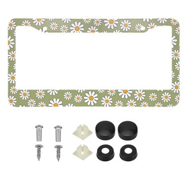 Imagem de 1 peça de moldura de placa de licença de margarida verde suportes de capa de placa de licença de liga de alumínio com tampa de parafuso e conjunto de chave de fenda - 2 furos