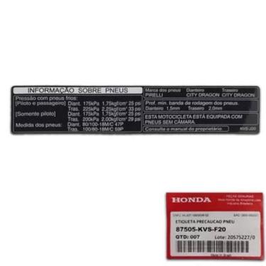 Imagem de Etiqueta Precaução De Pneu Original CG Honda 87505-KVS-F20
